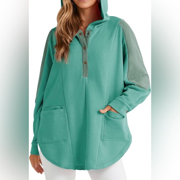 NWOT Women’s Oversized Sweatshirt Corduroy Patchwork Long Sleeve Hoodie - Picture 4 of 12